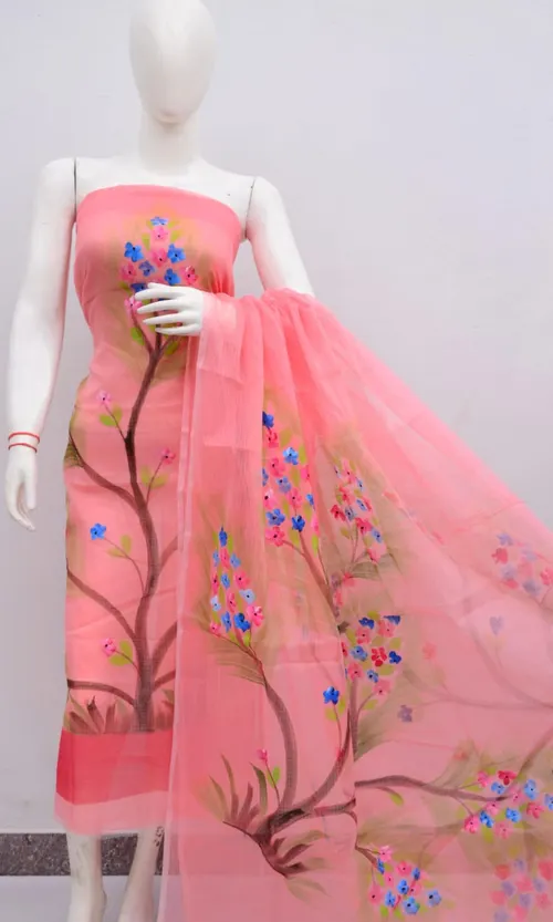 Graceful Kota Doria Dress Material with Hand Brush Print Work – Lightweight Elegance in Every Thread